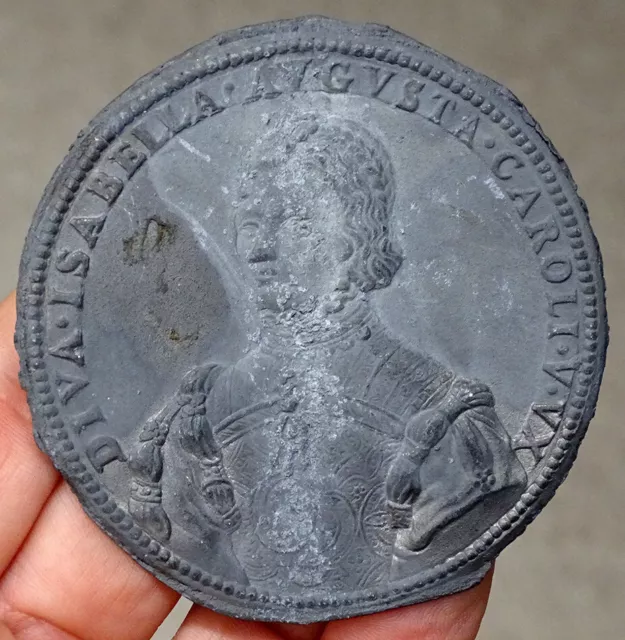 LEONE LEONI Antique ISABELLA OF PORTUGAL Pewter Cast CHARLES V Renaissance Medal