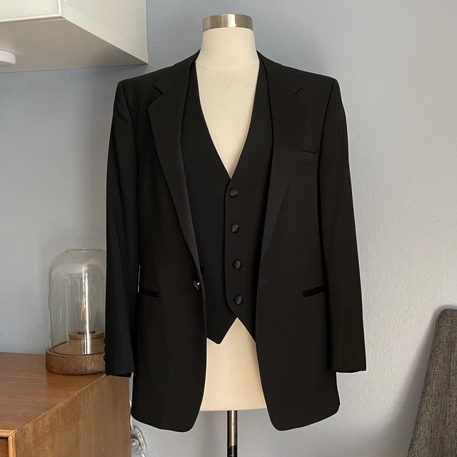 Vintage 70’s 80’s Givenchy Gentleman Paris Suit Jacket Vest 2pc Black Size 39