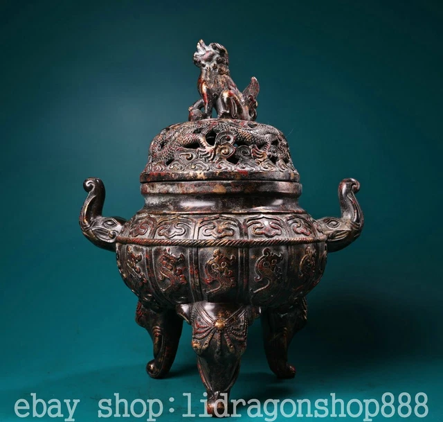 12" Ming Xuande Chinese Copper Gilt Dynasty Lion Beast censer incense burner