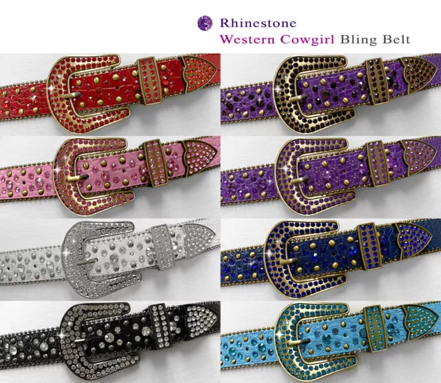 35158 Rhinestone Belts Western Bling Crystal Studded Leather Belt 1-3/8" wide