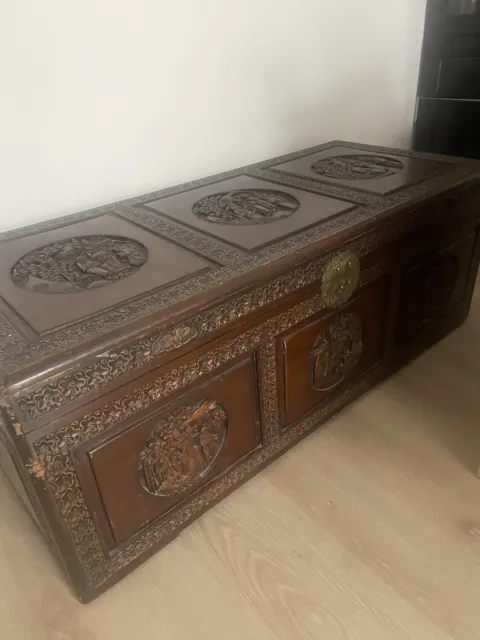 Old Chinese Carved Camphor Wood  Chest  Trunk