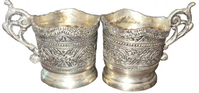 Set Of 2 Silver Plated Metal Tea Glass Drink Holders Vintage Russian
