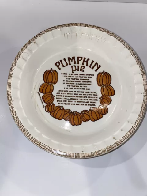 Pumpkin Pie Baking Dish 11" with Recipe Vintage Royal China Jeannette Ceramic