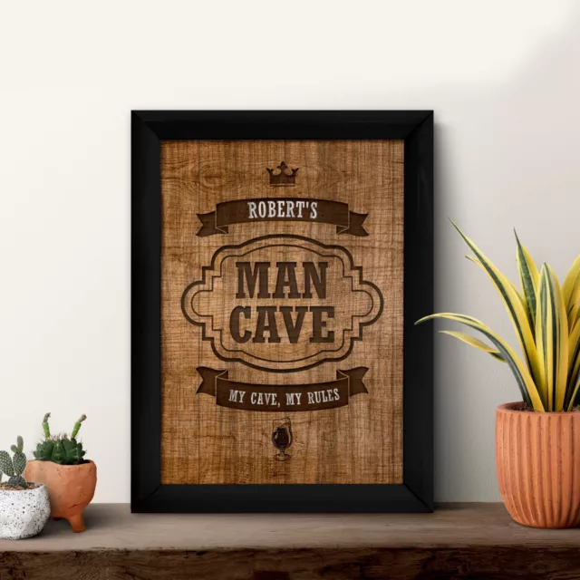 Personalised Man Cave - Wood - A4 Metal Sign Print- Frame Options Available