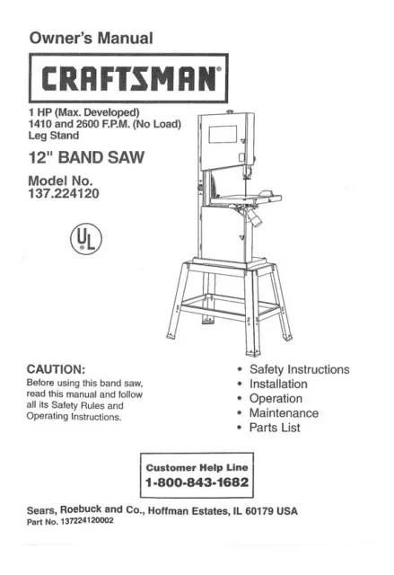 Owner's Manual & Parts List  Sears Craftsman 12" Band Saw - Model 137.224120