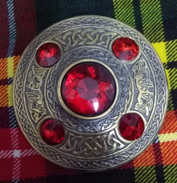 Scottish Kilt Fly Plaid Brooch Red Stone Antique Finish 4" Celtic Pin Brooches