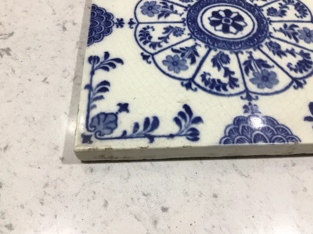 Wedgwood Late Victorian Blue+ White Chinese Style Floral Tile 6”x 6" C 1890 3