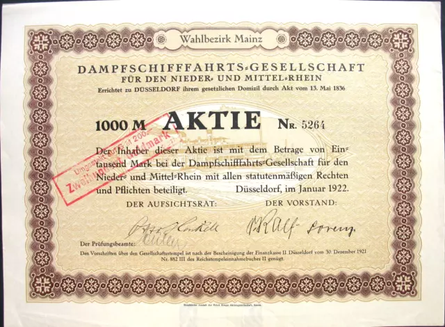 ungelocht Dampfschiffahrts-G Düsseldorf Aktie 1922 KD Deutsche Rhein Schifffahrt