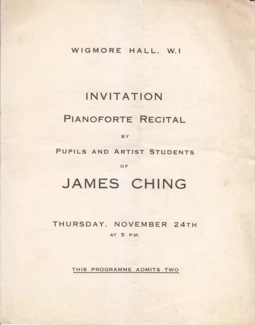 Concert Recital Programme 1938  Wigmore Hall Piano Pupils of James Ching