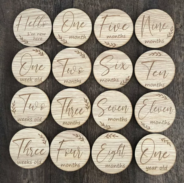 Wooden Milestone Cards Newborn Baby Shower Gift Month Cards 16 Round Wood Discs