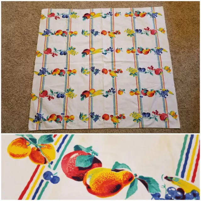 Vintage Cotton Fruit Tablecloth Approx 48" X 53" Cherries Pears Apples Grapes