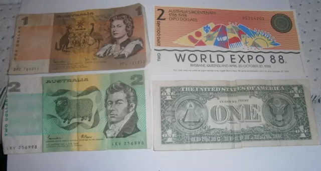 4x NOTES - $1 & $2 AUSTRALIA NOTES - $2 EXPO 88 NOTE & USA $1 NOTE -FREE POSTAGE