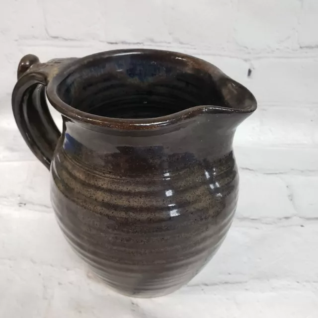 Pottery pitcher 6.5" tall LA Mark base chip Drip Glaze dark gray brown beautiful