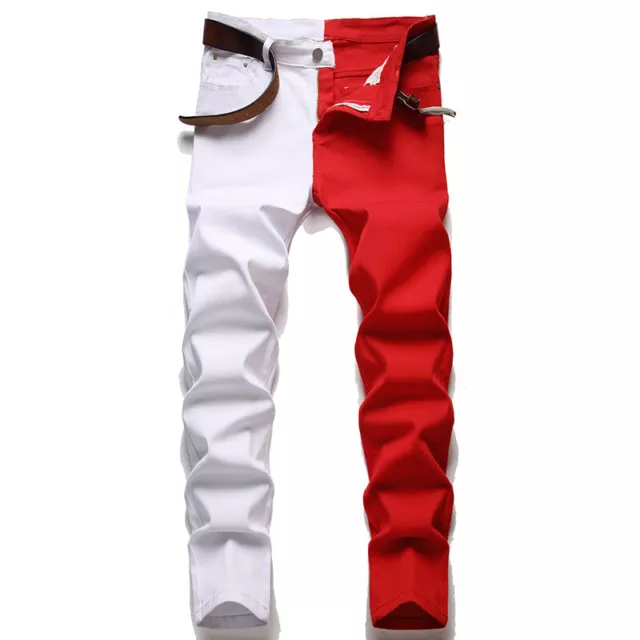 Men Two Tone Splice Denim Pants Straight Leg Slim Jeans Trousers Bottoms Casual