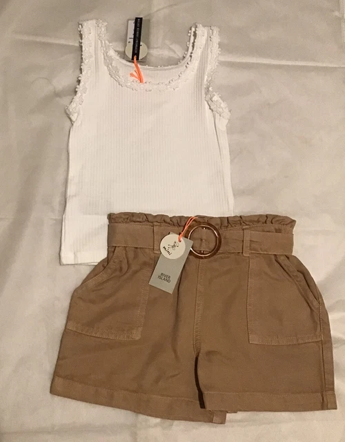 River island mini girls aged 3-4 years stone paperbag buckle belted shorts set 10