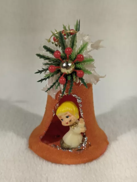 Vintage Flocked Bell Diorama 3.5" Tall Christmas Ornament ~ Red Angel