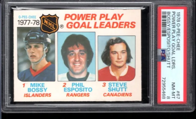 1978 O-Pee-Chee #67 Power Play Goal Leaders W/ M. Bossy/ Esposito /Shutt PSA 8