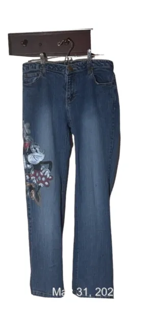 Disney Store Womens Size 10 Denim Blue Jeans Minnie Mouse Design On Side Leg