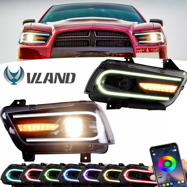 Vland RGB Headlights For Dodge Charger 2011-2014 Black Dual Beam Projector Pair