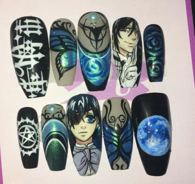 Uñas de mayordomo negro anime prensa sobre uñas góticas lindas uñas falsas pintadas a mano