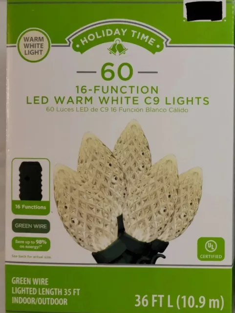Holiday Time 60ct Faceted C9 16 Function LED Warm White Lights NEW 36ft