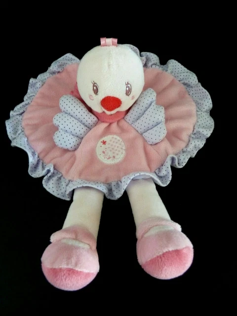 59. Doudou Plat Rond Nicotoy Oiseau Robe Rose Aile Mauve Noeud Pois Exc. Etat