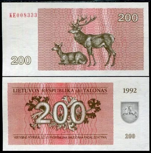 Banknote - 1992 Lithuania, 200 Talonai, P43 UNC, Deer
