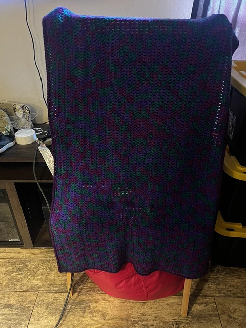 Vintage Handmade Afghan Blanket Crochet Knit 36x60 Purple Blue