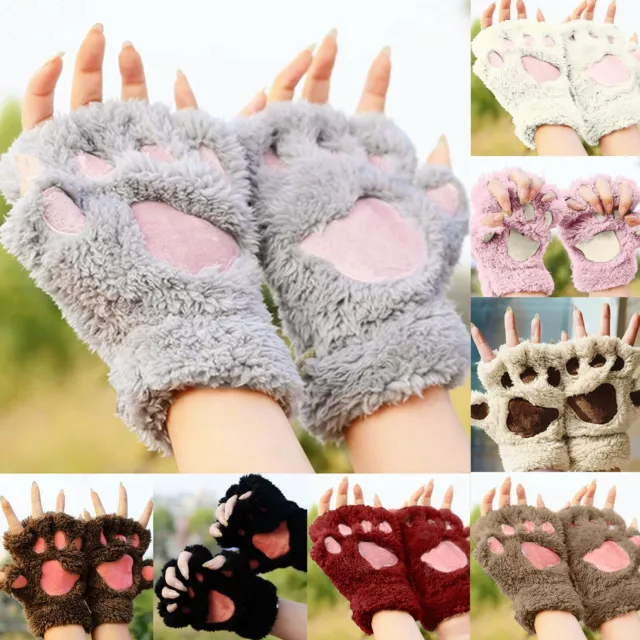 Womens Cute Cat Claw Paw Winter Soft Plush Half Finger Fingerless Warm Gloves UK