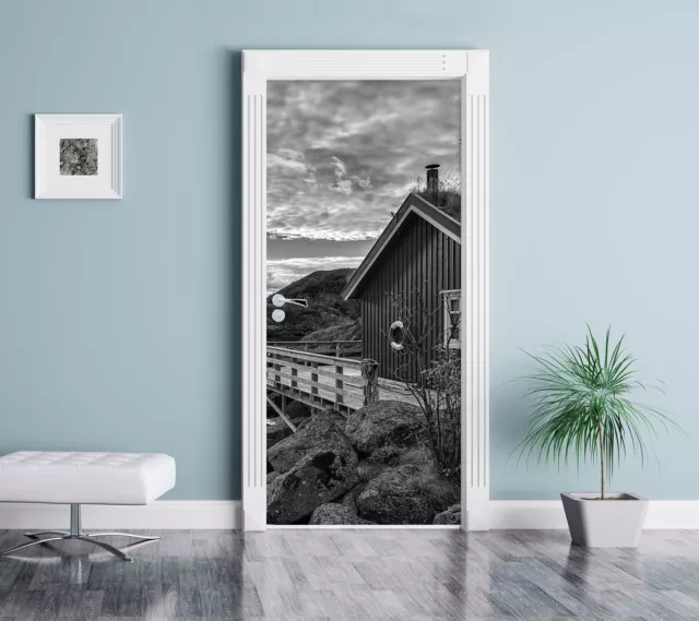 Salida Del Sol Am Fjord Norwegens Arte B&W - Pegatinas de Puertas 200x90cm Fondo