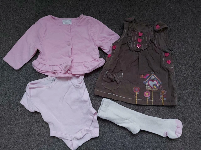 Girls, 4 Piece Outfit, Pinafore Dress/Bodysuit/Tights/Cardigan  1 Month