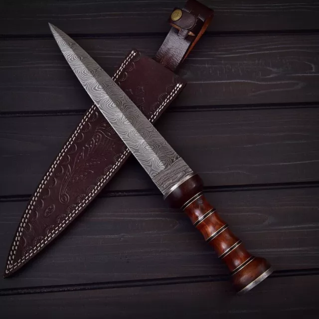 Custom Handmade Damascus Steel Hunting Dagger Knife with Leather Sheath