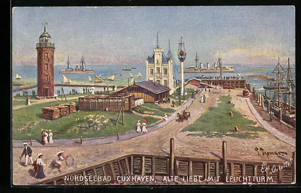 Künstler-AK Cuxhaven, Alte Liebe mit Leuchtturm, Dampfer, Segelboote