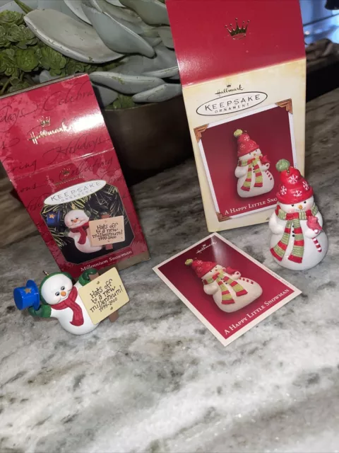 hallmark ornament Lot Of 2 Happy Little Snowman & Hats Off To New Millennium - C