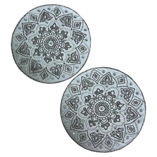 Kim Seybert Living 15” Silver/Gray Round Glass Beaded Placemats Set of 2 Holiday