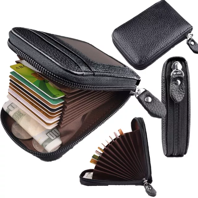 Men's Real Leather Credit Card Wallet Holder RFID Blocking Zipper Thin Pocket Bu