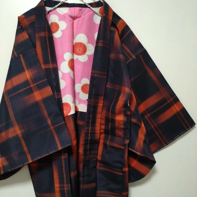 Woman Japanese Kimono HAORI Jacket Silk Tsumugi Plum Blossom Red Navy Blue
