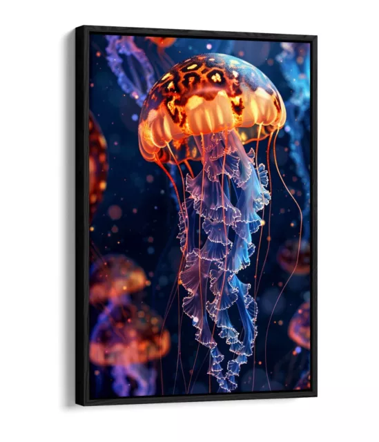Colourful Glowing Jellyfish -Float Effect Framed Canvas Wall Art Print