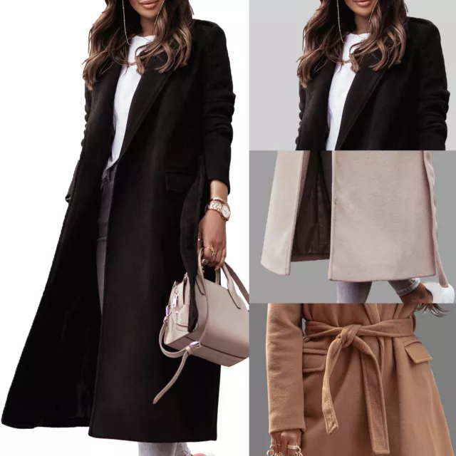 Womens Long Sleeve Trench Coat Classic Lapel Overcoat Jacket Outwear with Belt 2