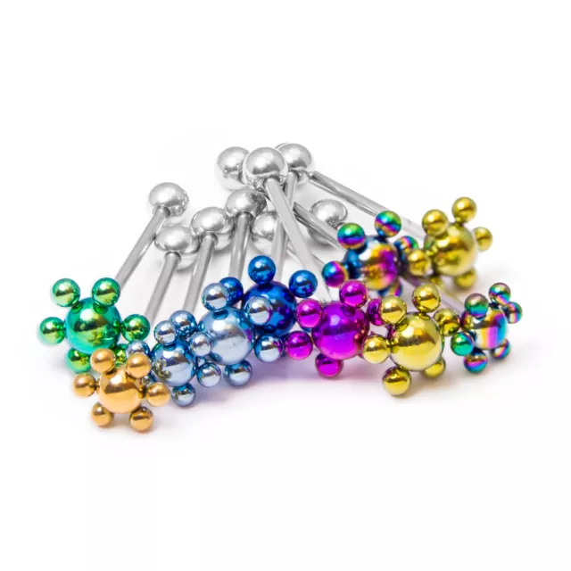 10 Tongue Piercing Barbells - Anodized Titanium Flowers - 14ga 316L Steel