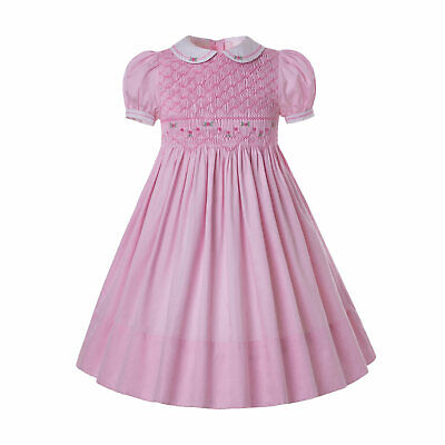 Traditional Girl Smocked Dress Bridesmaid Party Pageant Prom Handmade Pink 2-12Y