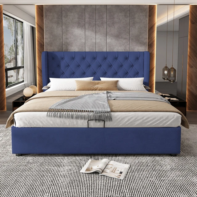 FABRIC OTTOMAN STORAGE Bed Gas Lift Up 4ft6 Double Size Bed Frame Blue Velvet £264.99 PicClick UK