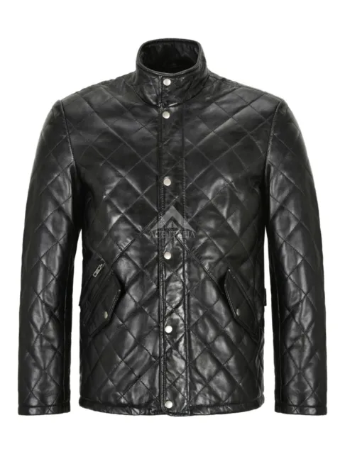 Men's Quilted Leather Jacket Black Classic Real Lambskin 70's Fashion Jacket UK