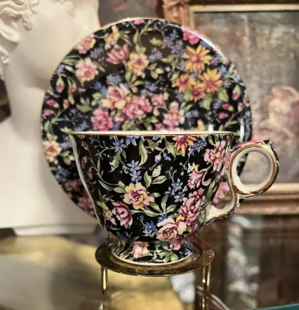 Vintage Royal Winton Grimwades Chintz Nantwich Tea Cup and Saucer Black Floral