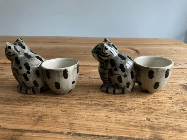 QUAIL CAT EGG CUP GREY TABBY CAT - BLACK STRIPES x 2 Pair of egg cups