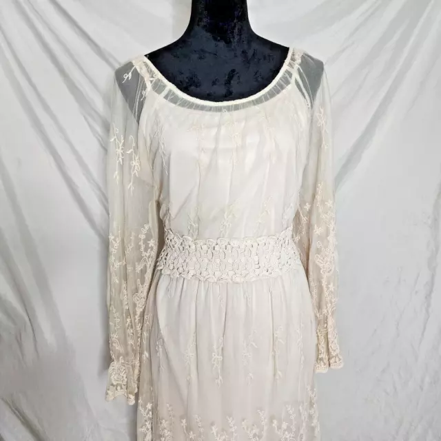 PINKY Size XL Ivory Cottagecore Embroidered Mesh Lace Fit & Flare w/ Slip Dress