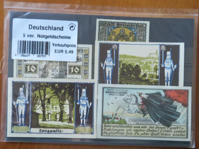 Kleine Sammlung 5 versch. Notgeldscheine ca. 1918 unberührt.