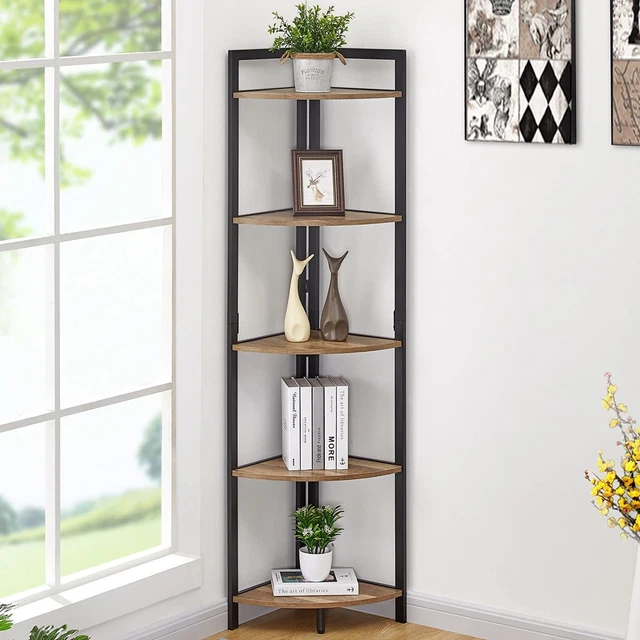 5 Tier Tall Corner Bookshelf - Industrial Wood & Metal Corner Shelf (Rustic Oak)
