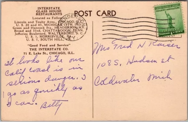 Henderson, Kentucky Postcard "Interstate Glass House Restaurant" Roadside / 1941 2