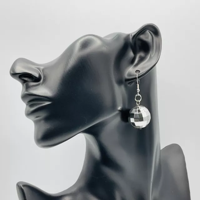 Disco Ball Earrings Silver Tone Hook Dance Party Jewelry Dangle Charm Bling Gift